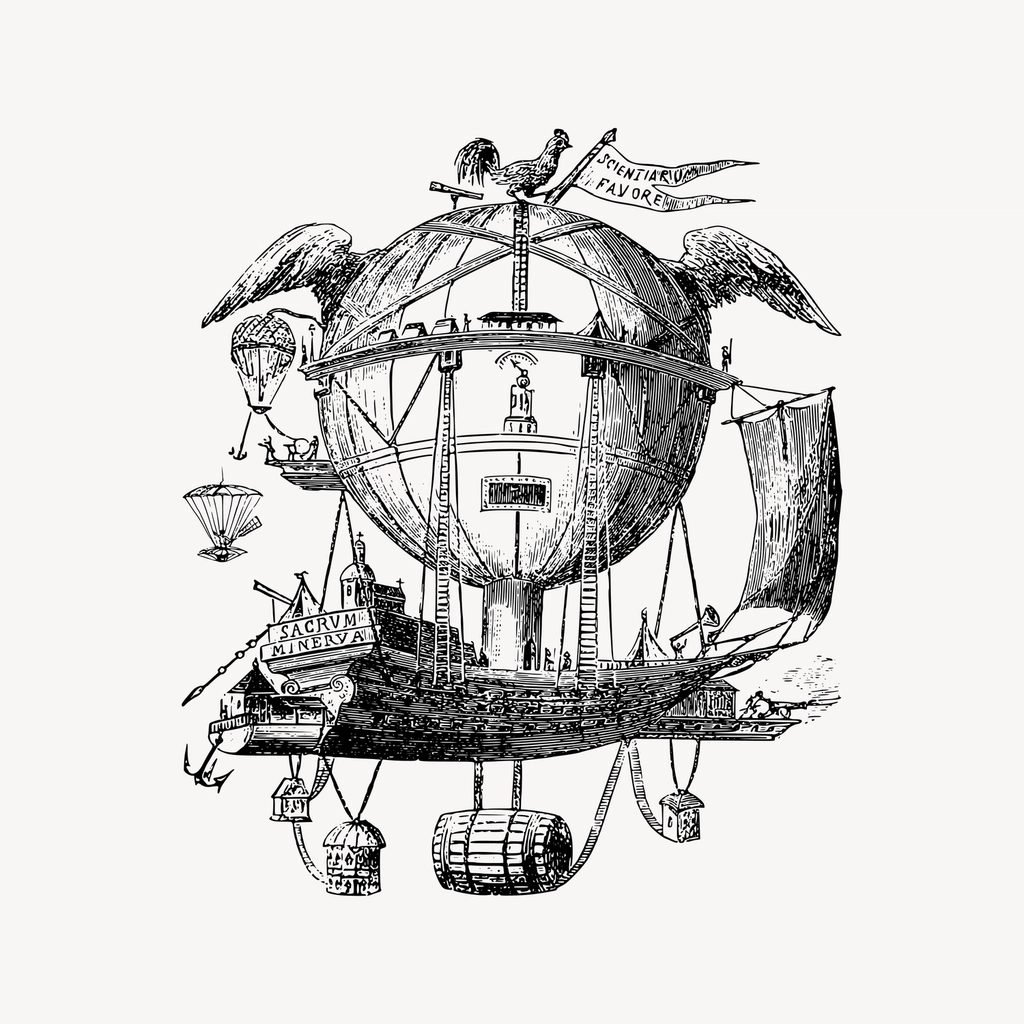 Vintage-Illustration eines fantastischen Luftschiffs, passend zur Magie-Industrie von Eberron